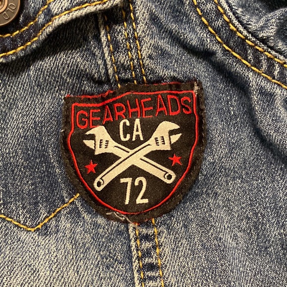 Boy’s Size L Denim Jacket with Built-in Sweatshirt-style Hood & Motor Car Badges - Picture 5 of 7